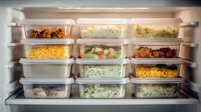 Keto meal prep container stacked fridge organized low carb diet planning clean minimal composition