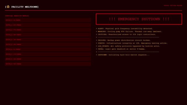 Industrial Nuclear Plant Facility Meltdown Command Center Interface Displaying Critical Emergency Shutdown Warning Banner And Hard Kill Switch Sequence Logs.