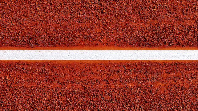 Gros plan en vue de dessus d'un court de tennis en terre battue orange d&eacute;limit&eacute;e par une ligne blanche