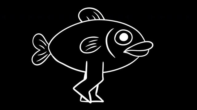 Funny cartoon yellow fish with legs walking forward. Cute hand drawn character isolated on white background and outline version isolated on black color. Looping 2d animation.