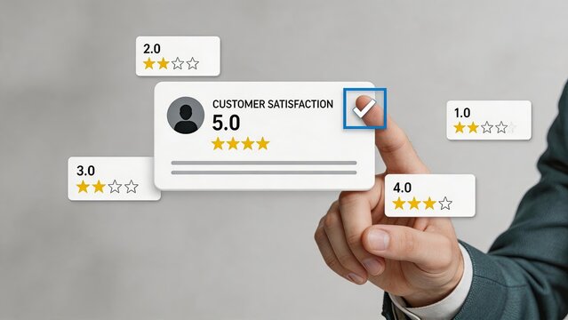 Hand selecting five star customer satisfaction rating card among various feedback scores, highlighting positive review, quality service, and excellent user experience concept.