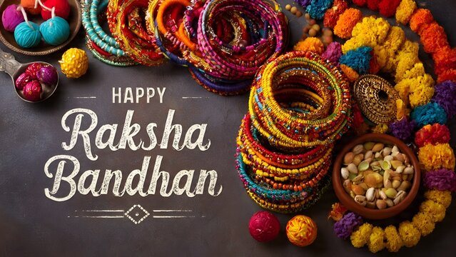 Happy Raksha Bandhan greeting with decorative bangles and marigold flowers