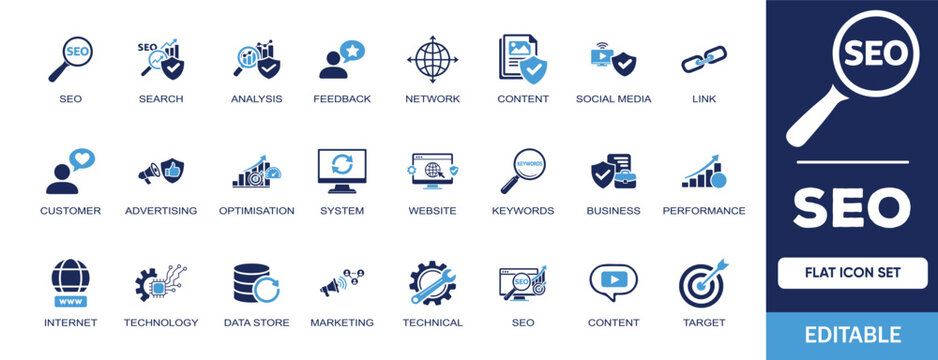 Seo editable solid icon set. Containing search, analysis, feedback, content, website, social media, link, network, business, marketing, keyword and more vector icons collection.