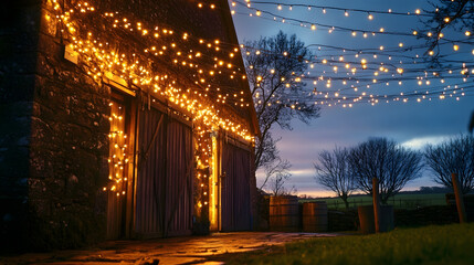 Naklejka premium Barn exterior glows with warm string lights during a peaceful evening in the countryside, providing a rustic atmosphere for festive outdoor gatherings that require generous copy space for text.