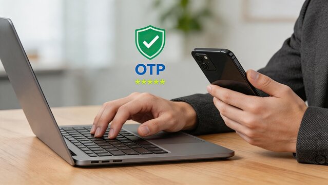 Person using laptop and mobile phone for two factor authentication with otp code and security shield icon, login concept