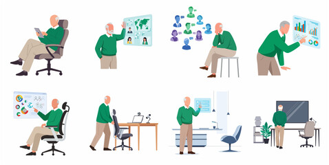 Fototapeta premium Set of elderly male entrepreneur using modern technology, digital interfaces, and data visualization tools for business and remote work