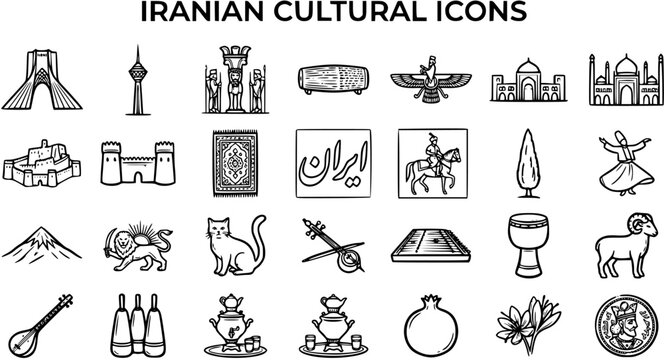 Black  White Line Art Icons Set of Iranian Cultural Symbols. Featuring Landmarks, Animals, Food, Instruments, and Traditional Elements.