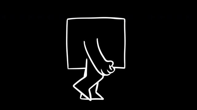 Minimalist 2D cartoon animation of purple square geometric character confidently walking. Seamless loop of an abstract shape with arms and legs moving forward on solid white background and version out