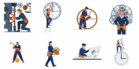 Fototapeta premium Collection of Professional Female Watchmakers and Mechanics Working on Large Clock Mechanisms and Industrial Gear Systems