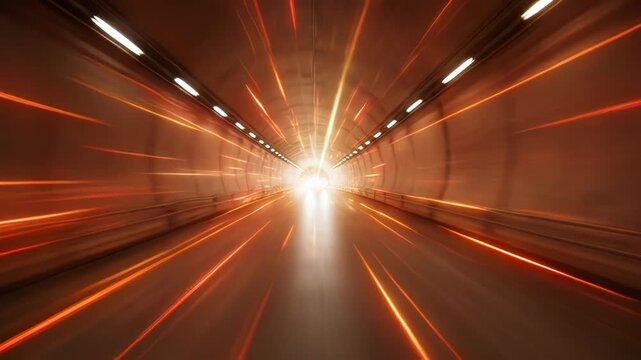 A vehicle speeds through a long, dark tunnel illuminated by rows of lights and streaks of red and white, creating a sense of motion and depth.