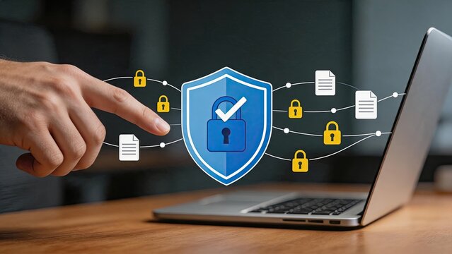 Cyber security protection concept with blue shield icon and padlock on laptop screen, hand touching digital interface for secure data privacy, network safety and antivirus