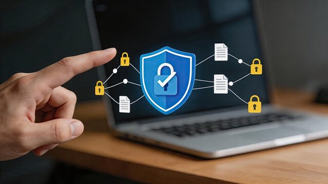 Hand pointing to digital shield icon protecting documents and files network security cybersecurity data privacy encryption firewall concept