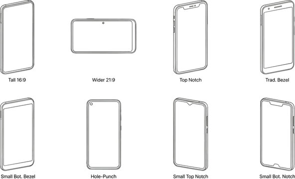 Isometric smartphone design comparison showing various screen ratios, bezels, notches, and camera placements for modern device visualization