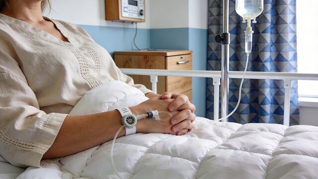 Patient resting in hospital bed with intravenous drip therapy, saline solution infusion treatment and medical care in clinical ward environment