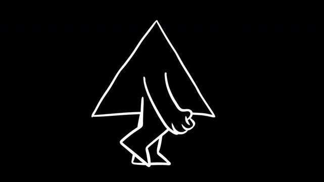 Bright yellow triangle geometric character walking forward in seamless loop. Cute, minimalist 2D cartoon animation of an abstract shape with limbs on white background and version outline silhouette on