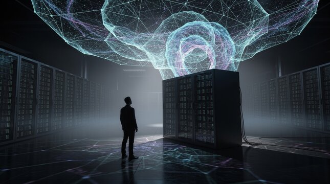 Man Gazes at AI Brain Network Emerging from Server Rack