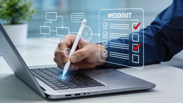 Hand using digital stylus to check off wedding planning checklist on futuristic interface, organizing event details and tasks for perfect ceremony preparation and management