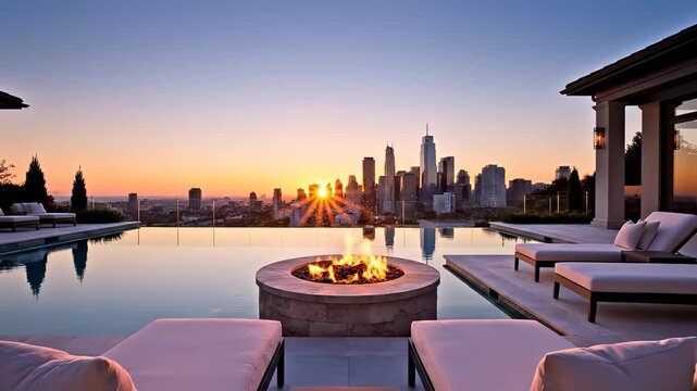 Luxury Relaxation Poolside Firepit Overlooking City Skyline at Sunset for High end Real Estate and Vacation Rental Promotion or Upscale Lifestyle and Travel Content Creation