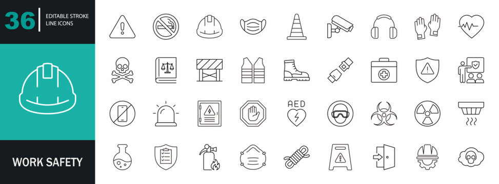 Work safety icon set. Containing workplace security, Safety first, hard hats, insurance, first aid kit, risk management, regulation, and more. editable stroke. Vector illustration