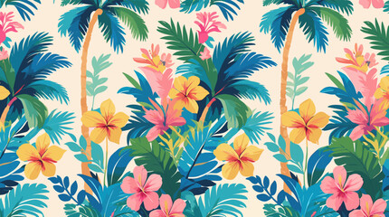 Vibrant tropical pattern featuring palm trees, lush green foliage, and colorful hibiscus flowers in shades of pink, yellow, and orange against a cream background. © milan
