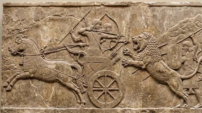 Assyrian wall relief of lion hunt, ancient history of Babylon and Shumer