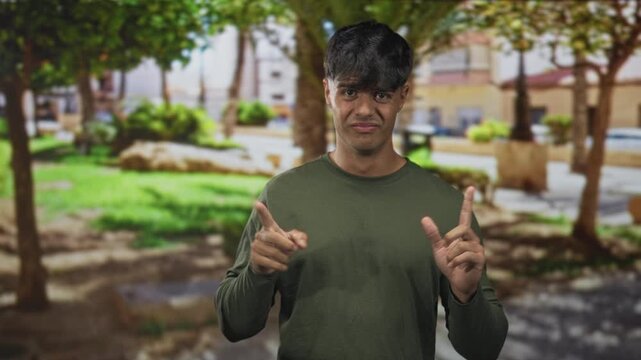 Man with palms out and pointing fingers, wearing green long sleeve shirt, hands visible, gesturing stop or wait on street beside an urban park with trees and grass; hesitation.