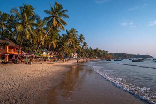 Sunlit Palolem coastline in Goa, India: sandy beach, coconut palms, and gentle surf