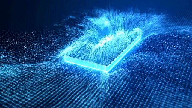 Futuristic CPU microchip forming from a stream of glowing digital particles