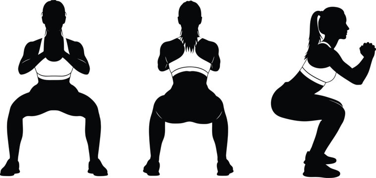 Woman squat exercise silhouette set with fitness training movement positions