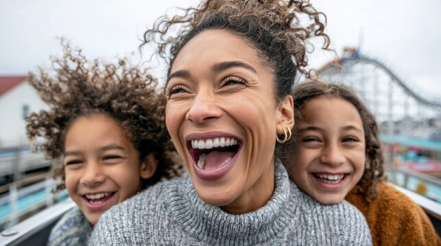 Mother and children laughing joyfully on a roller coaster ride at an amusement park