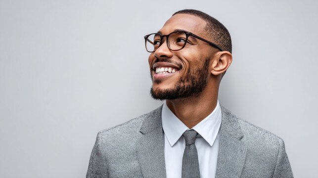 Smiling businessman in glasses looking up, wearing a suit and tie against a gray background