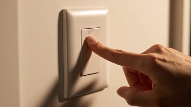A person's finger is shown pressing a white light switch on a light-colored wall, turning the light off.