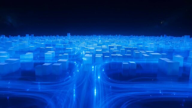 A futuristic cityscape composed of glowing blue cubes stretches into the distance, illuminated by vibrant light trails against a dark, starry backdrop.