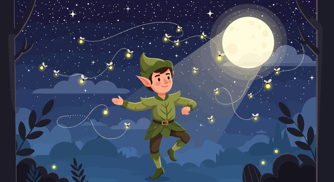 Elf catching fireflies in moonlight.