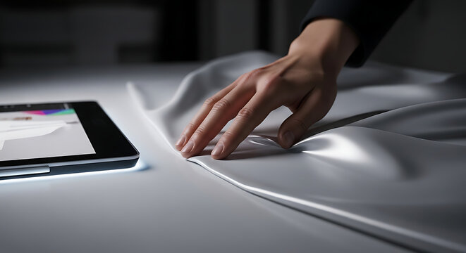 Hand Touching Elegant Silver Fabric Near Digital Tablet for Design