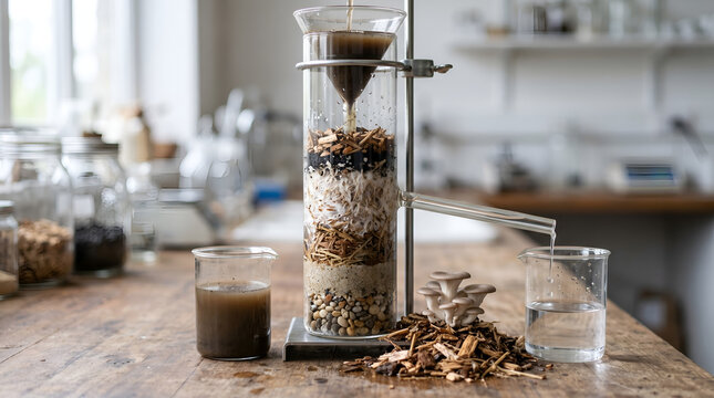 Fungal mycelium filtration concept with muddy and clean water samples, ideal for mycoremediation, wastewater treatment, and environmental education.