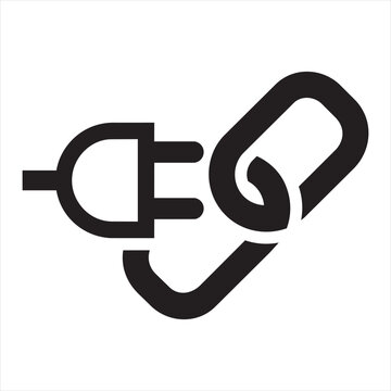 Stylized icon representing electrical plug and chain link with electricity connection attachment component technology abstract minimalist isolated monochrome industry business equipment
