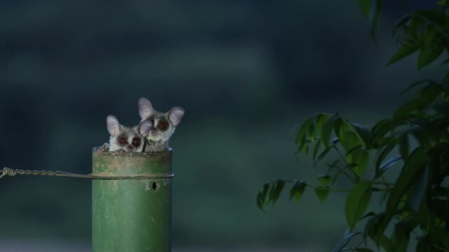 Two curious lesser bushbabies peer cautiously from inside a hollow fence pole, scanning its surroundings. Captured at dusk in Kruger National Park.