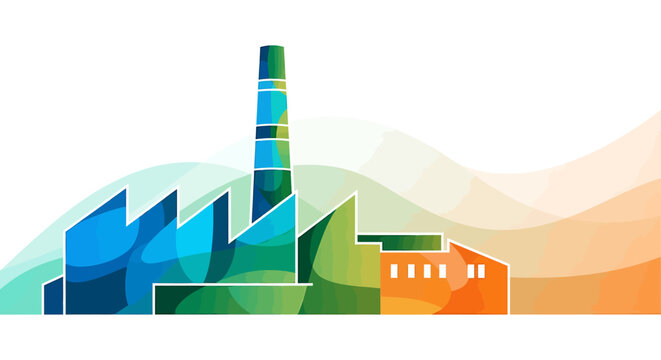 Industrial Factory Building with Smokestack.