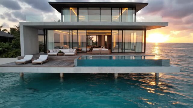 Modern luxury overwater villa with glass walls and minimalist furniture built on concrete pillars above calm ocean water at sunset with warm interior lighting and reflections.