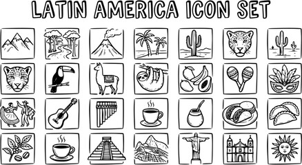 Hand Drawn Black and White Latin America Icon Set. Doodle Style Vector Symbols Representing Culture, Travel, Food, Animals, and Geographic Elements. © victoria