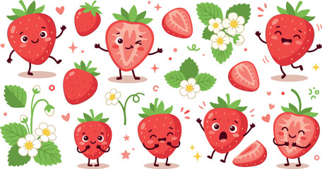 Cute kawaii strawberry berry character sticker set vector illustration with happy smiling blossom leaf slice elements © Shuvo