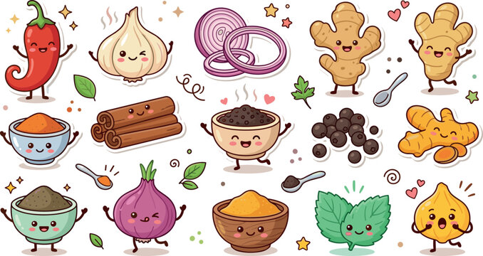 Cute kawaii spice herb character sticker set vector illustration with chili garlic onion ginger powder bowl elements