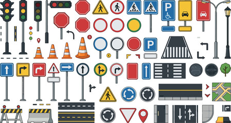 Road traffic sign and city street element set vector illustration with crosswalk signal cone map road icons © Shuvo