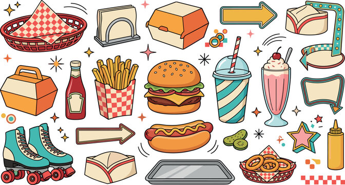 Retro diner fast food vector element set with burger fries hotdog milkshake rollers and vintage signage icons