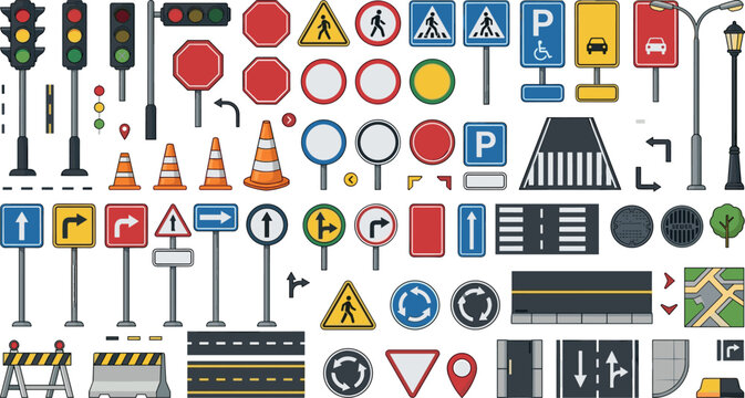 Road traffic sign and city street element set vector illustration with crosswalk signal cone map road icons