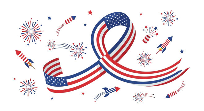 American Flag Ribbon Fireworks Patriotic Symbol.