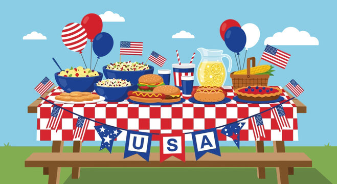 American food on a picnic table.