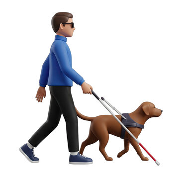 Blind Person Walking with Guide Dog and Cane