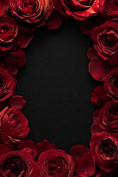 A frame of deep red roses around a black textured background, creating a romantic and elegant floral border.